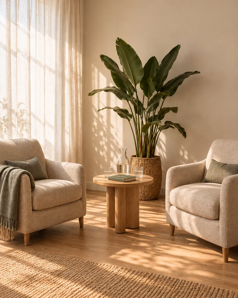 Ambiente acolhedor de consultório de psiquiatria, com duas poltronas frente a frente, planta e luz natural
