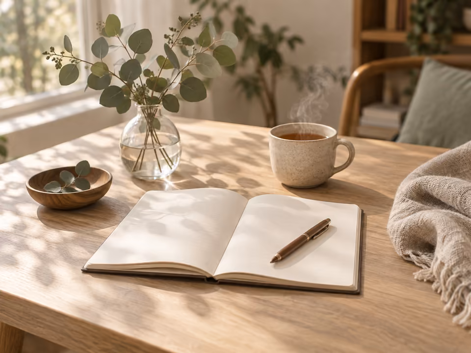 Caderno de anotações aberto, xícara de chá e ramos de eucalipto sobre a mesa, em um ambiente calmo de escuta e cuidado