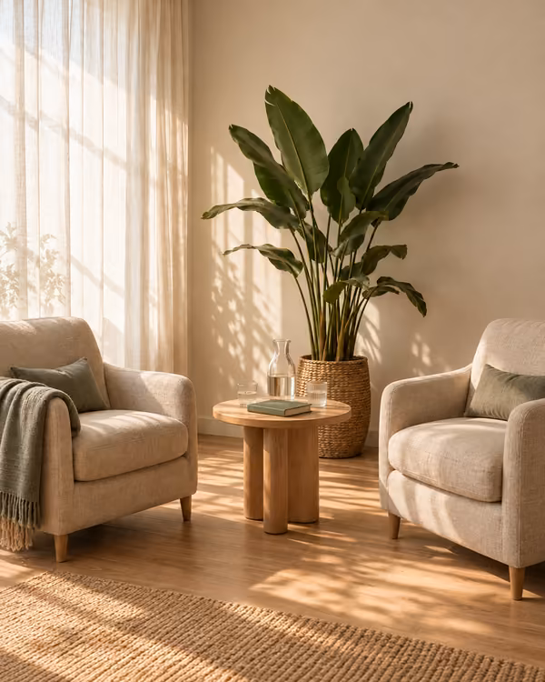 Ambiente acolhedor de consultório de psiquiatria, com duas poltronas frente a frente, planta e luz natural